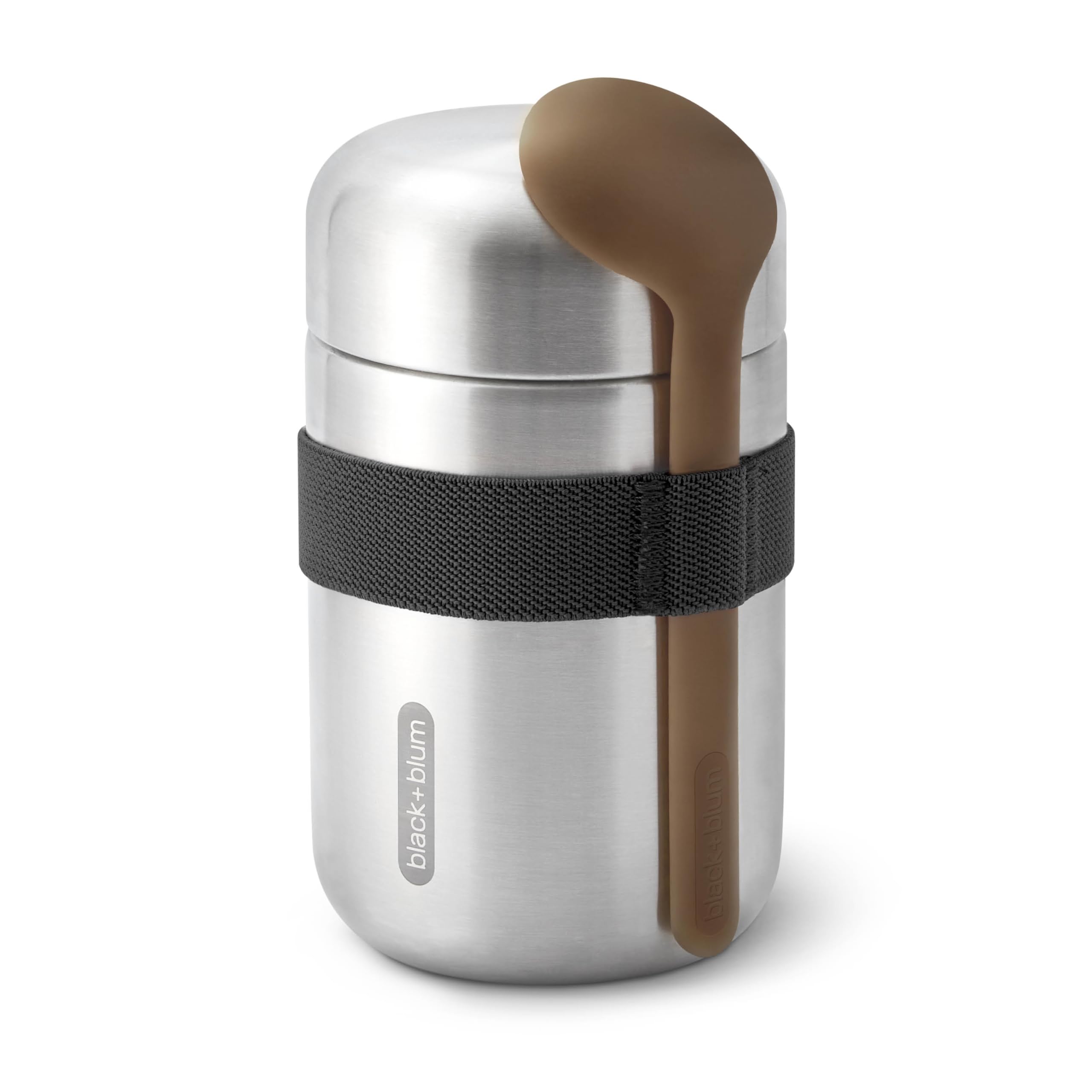 BLACK + BLUM - Food Flask - Vacuum Insulated 304 Stainless Steel Food Container with Leak Proof Lid, Nylon Strap and Natural Wood Fibre Spoon - Keeps Hot for 6 hrs, Cold for 8 hrs, Black - 400ml
