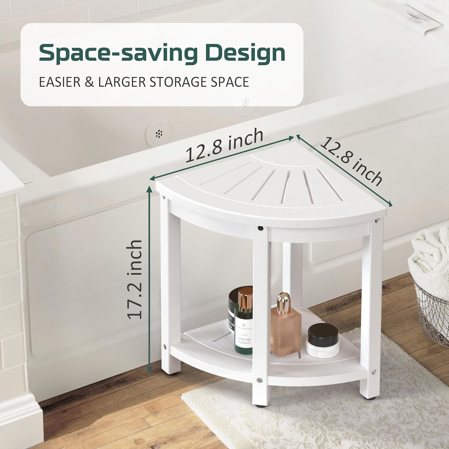 Waterproof Corner Shower Stool for Inside Shower, Poly Lumber Shower Bench Seat Chair, Bath Shower Stool for Shaving Legs Foot Rest with Storage Shelf, Adjustable & Non-Slip Feet, White