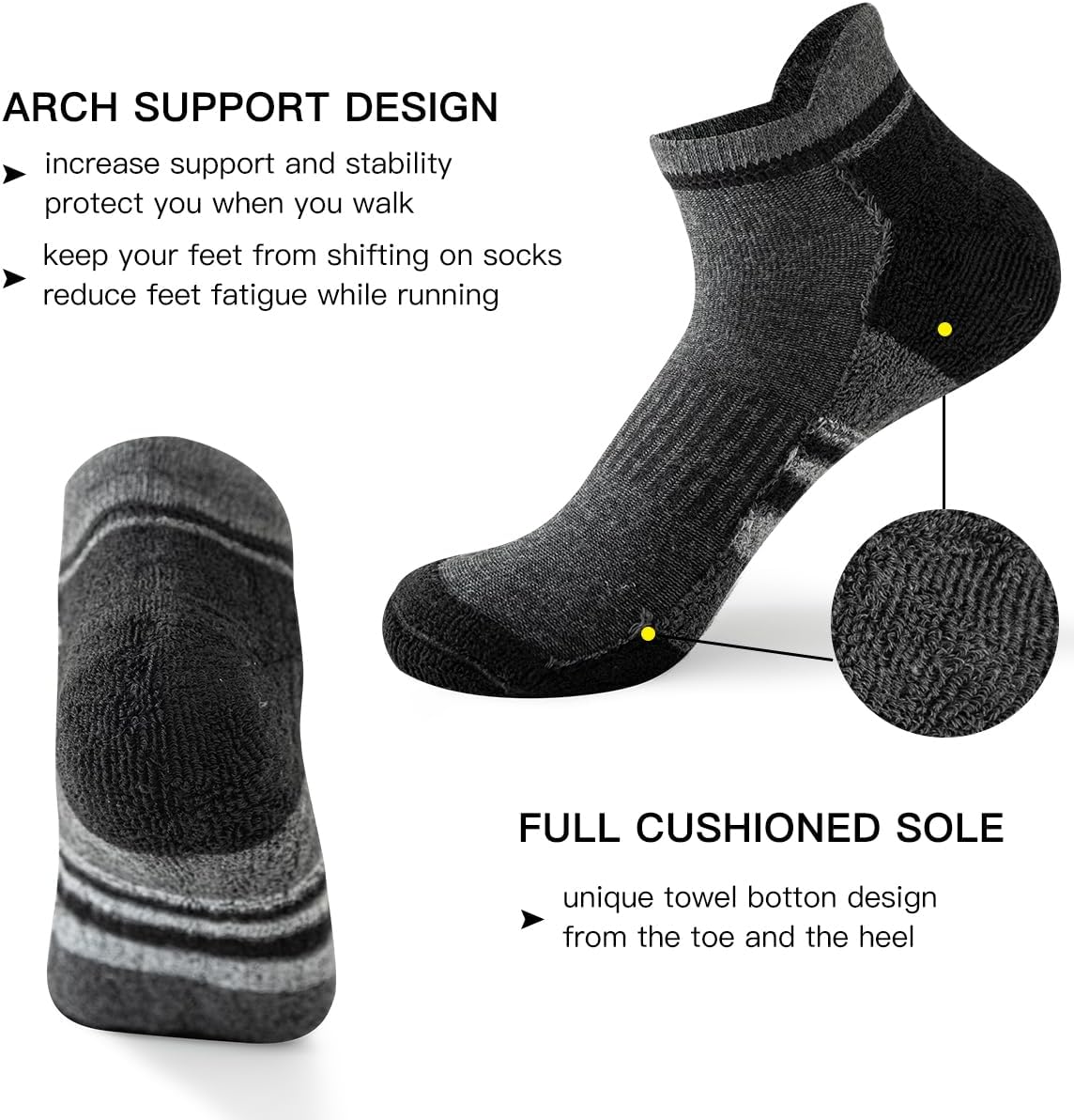 JOYNÉE 10 Pairs Men Ankle Sport Workout Tab Socks Athletic Running Short Breathable Socks,Grey,Sock Size:13-15 - Image 4
