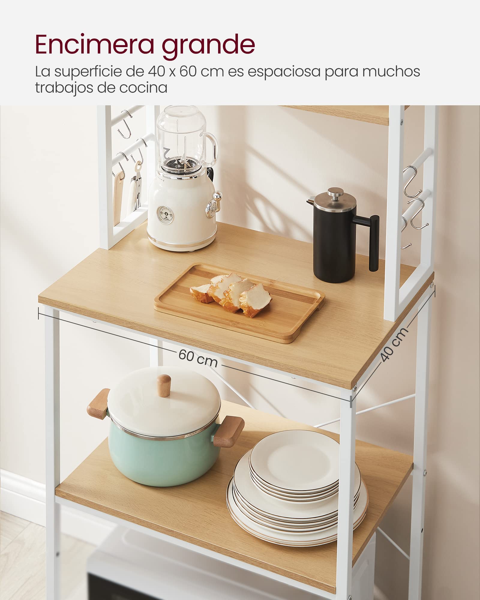VASAGLE Estantería de Cocina, Estantería de Panadería, 6 Estantes y 6 Ganchos, para Microondas, Marco de Acero, Rústica, 40 x 60 x 167 cm, Roble Dorado y Blanco Nube KKS024W09
