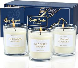 Scented Candles Gift Set, Lavender, Peony & Wild Berries, Sandalwood Soy Wax Candles, 3 x 3.5oz 75 Hours Burn Time, Elegant Gift for Women and Men, Mum, Mother's Day, Birthday
