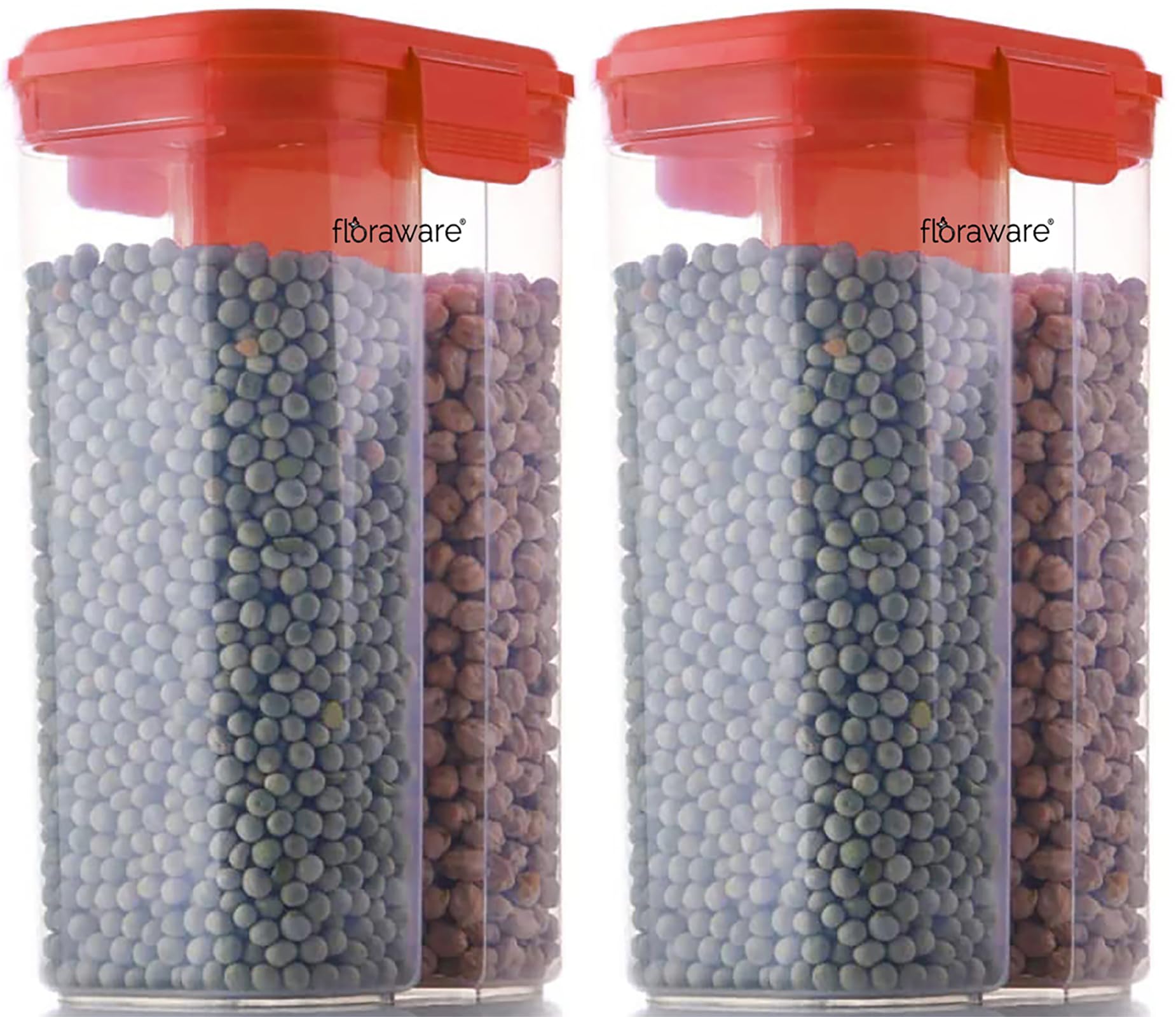 Floraware2 Section Space Saver Air Tight, PET Transparent Plastic Container for Grocery, Flour, Snacks, Cereal, Grain Kitchen Storage Container, 2000 ML, 2 in 1, Air Tight, Set 1 (2)