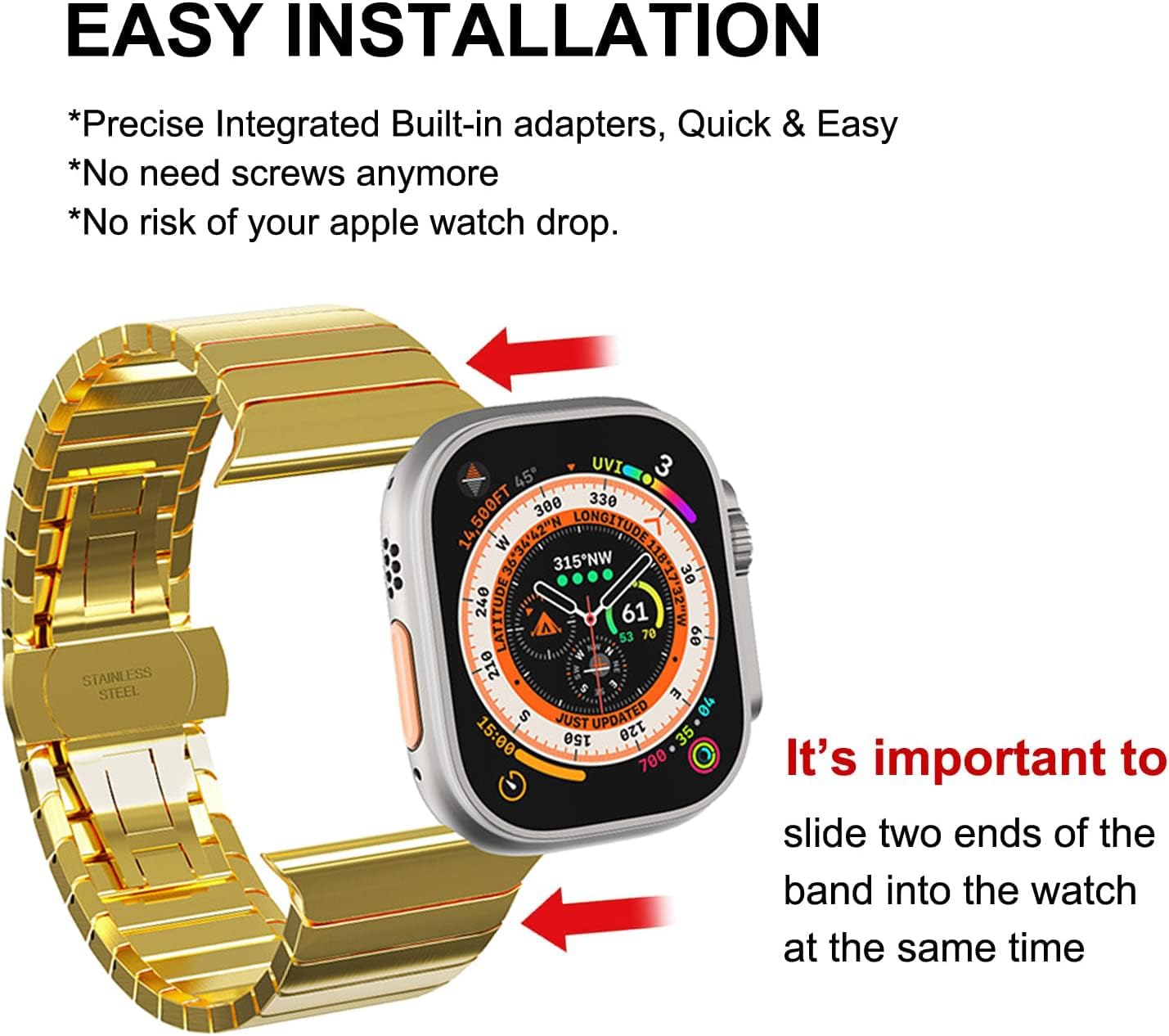 WINGLE Compatible for Apple Watch Band Ultra 3/2/1 Band 49mm Series 11 10 46mm 45mm 44mm 42mm SE 3/2/1 Series 9 8 7 6 5 4 3 2 1 Men, Stainless Steel Classy Business Metal iWatch Bands Bracelet, Gold