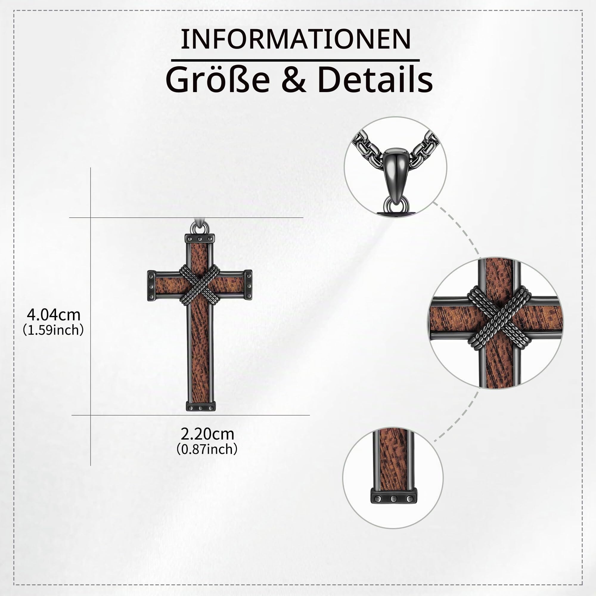 Kreuz Holzkreuz Kette 925 Sterlingsilber Schwarzem Kreuzanhänger Halsketten Religiöser Schmuck für Damen Herren 24 Zoll Rundboxkette