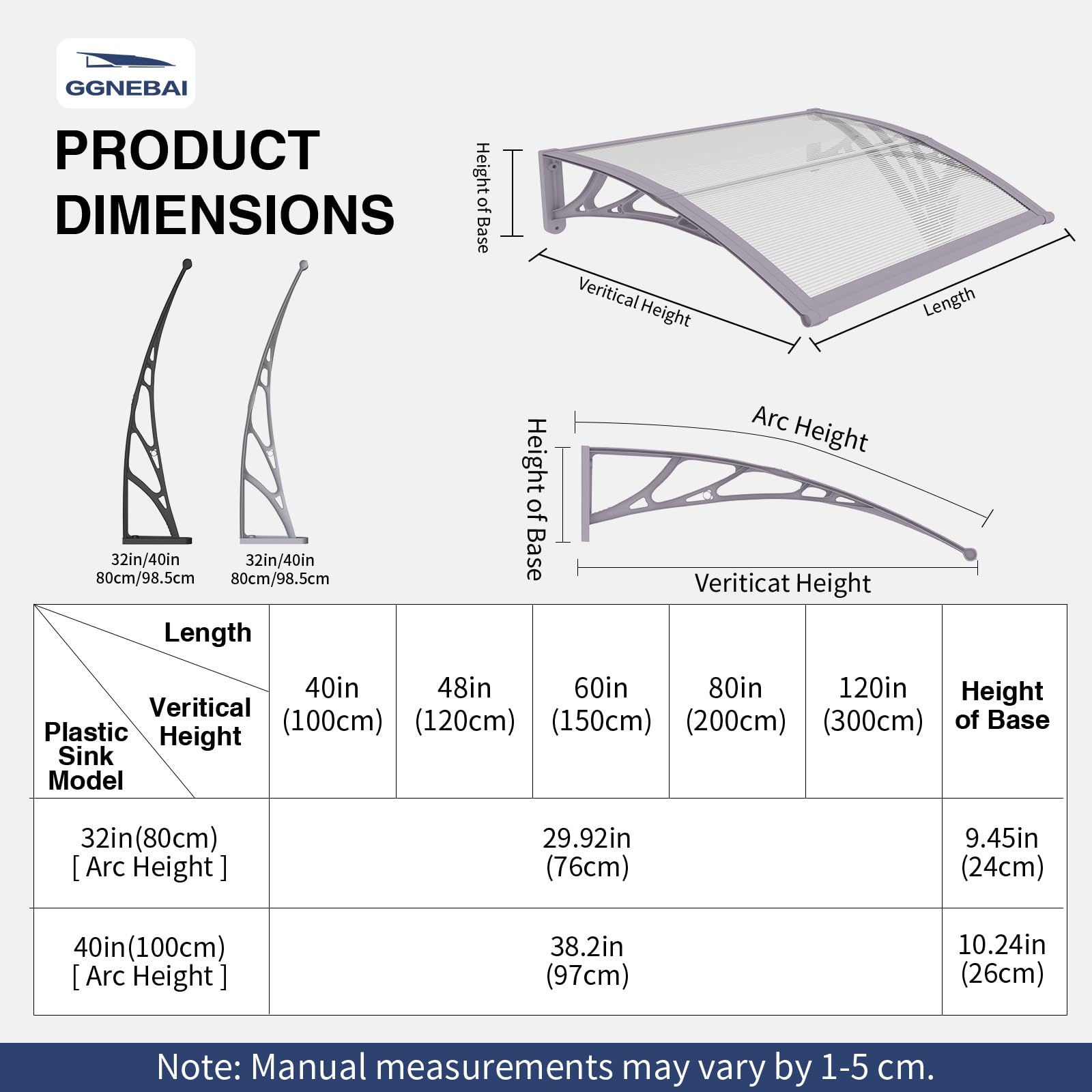 Vordach für Haustür 150x100cm Polycarbonat Pultvordach Überdachung UV-Regenschutz