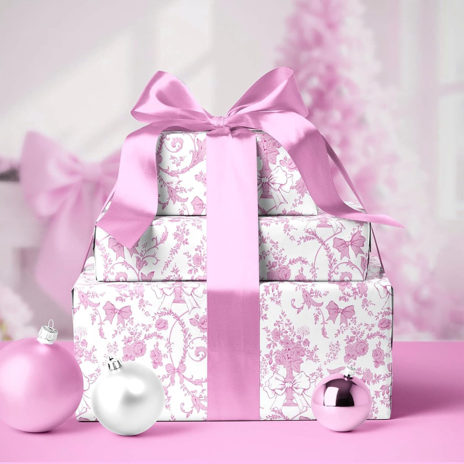 LaRibbons Pink Bow Floral Wrapping Paper Roll – 17 inch x 33 feet, Vintage Toile Stone Paper Design for Valentine's Day, Wedding, Baby Girl Shower, Bridal Shower - Image 5