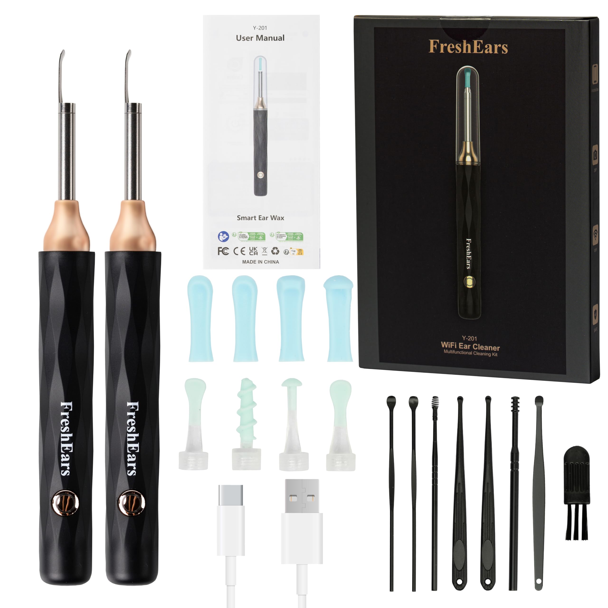 Ear Wax Removal Tool with Camera and Light - 2-Piece Wireless Ear Cleaning Kit for Adults and Children - Safe and Gentle 1080P HD Ear Wax Cleaning Kit for iPhone and Android