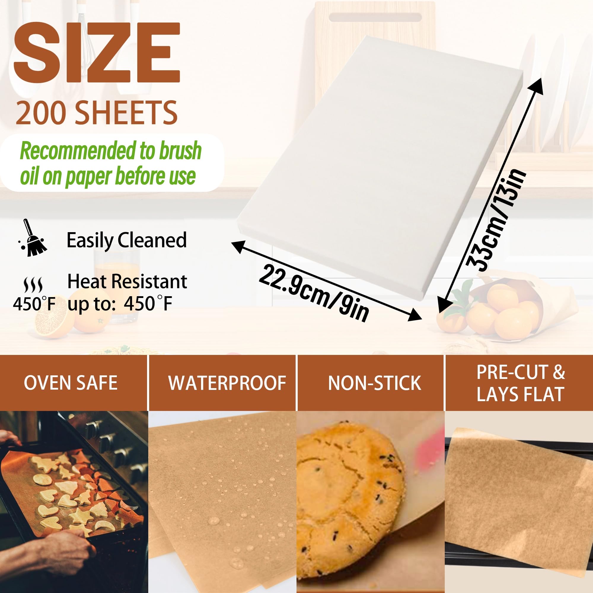 Carta Da Forno Antiaderente – 200 Fogli 20x30 Cm Non Sbiancati, Resistente A 230°C, Con Raschietto Impasto, Per Dolci E Salati