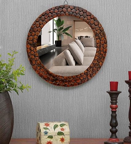 SRA Home Decor Handmade Wooden Antique Frame Round Wall-Mounted Mirror,Mirror For Bathroom,Living Room,Wall Basin,Study Room,Office,Brown(24X24 Inch)