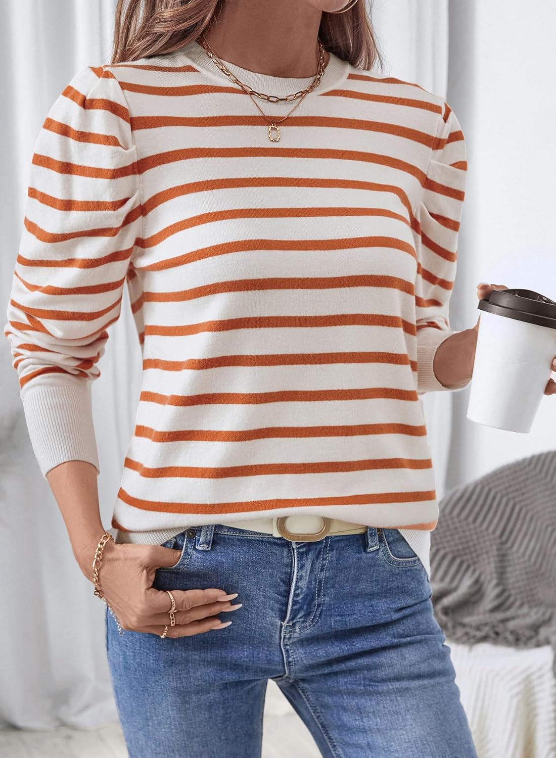 Womens Striped Sweater Fashion Puff Long Sleeve Knit Top Casual Crew Neck Pullover Sweaters - Image 3
