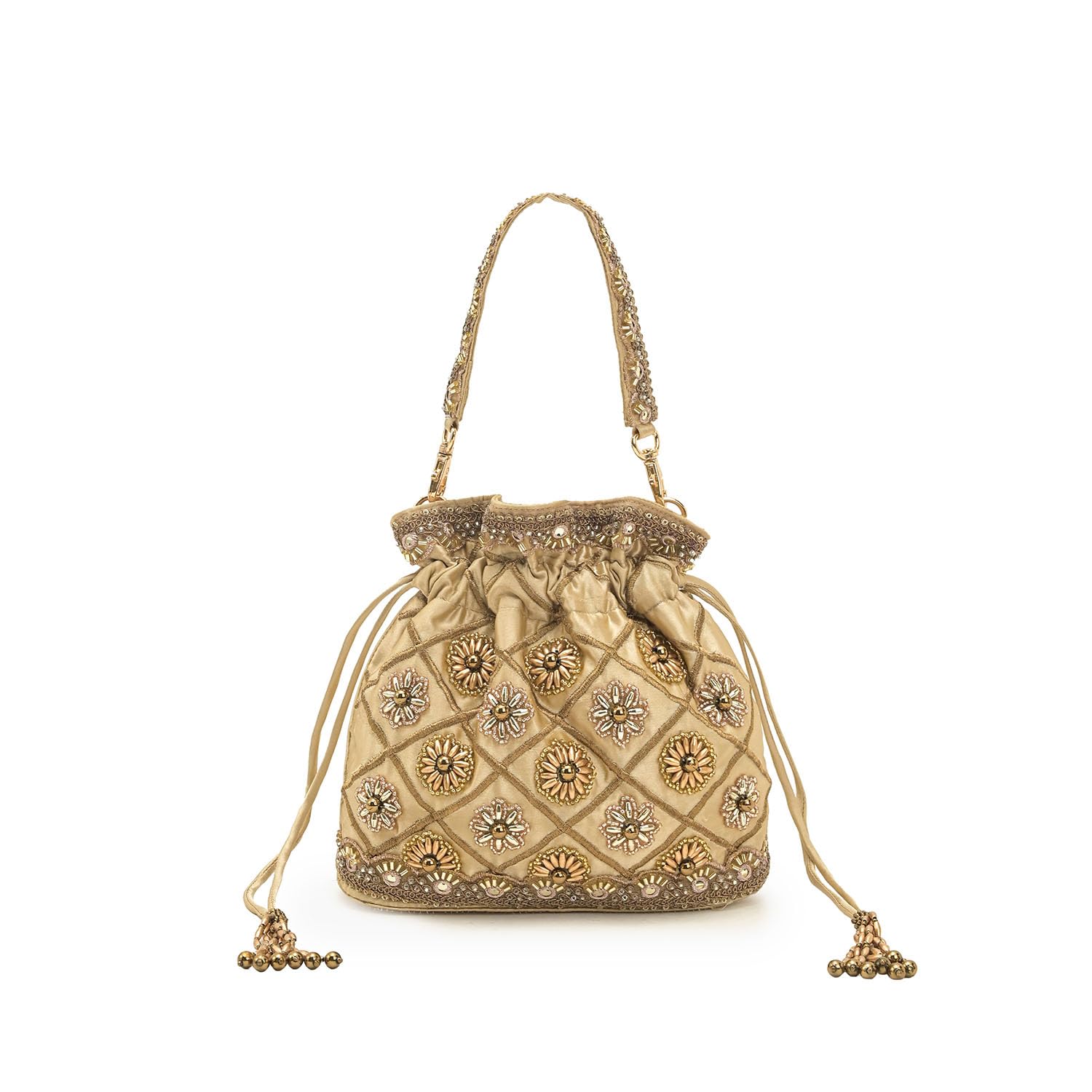 Zaahra Potli Bag Elegant Women Bag Champagne Gold Hand Embroidered with Sequins and Beads Drawstring Closure Detachable Handle Festive Wedding Party Clutch Ladies Handbag-image-19