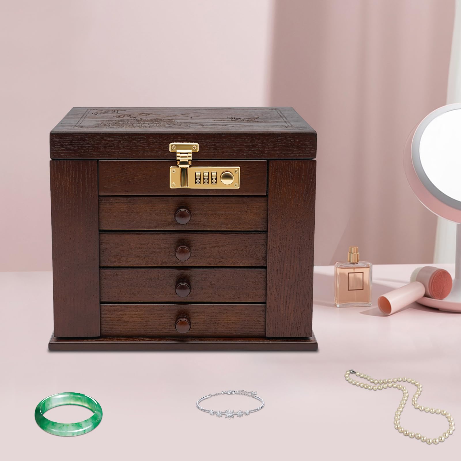 Joyero de madera de 5 capas para mujer, de madera maciza, estilo vintage, organizador grande con 4 cajones, estilo vintage, para collares, anillos, regalo