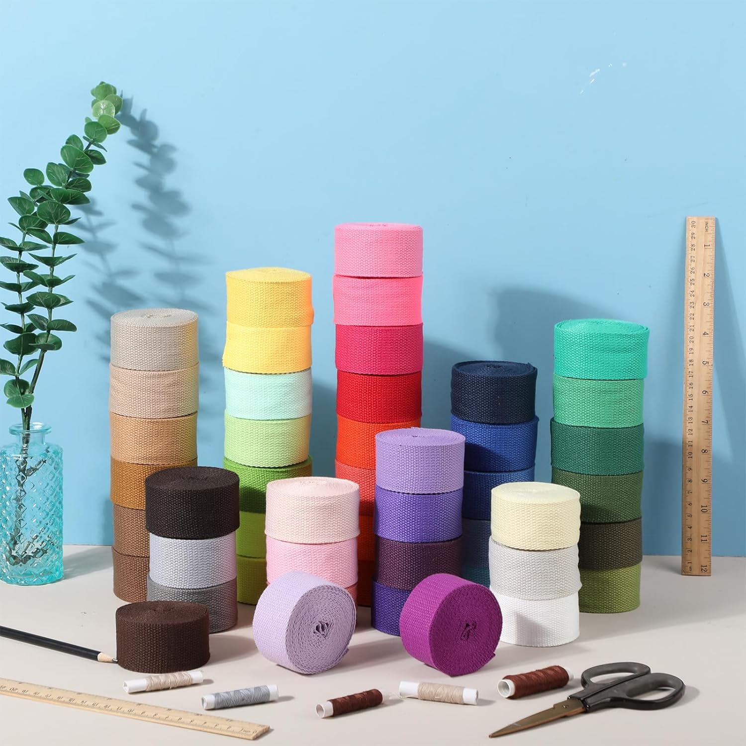 Windyun 48 Rolls Heavy Cotton Webbing 157.5 Yard 48 Color Mixed Polyester Cotton Webbing Strap Tote Bags Leash Straps for Making Bag Handles Cloth Belt Crafts Outdoor Accessories Supplies