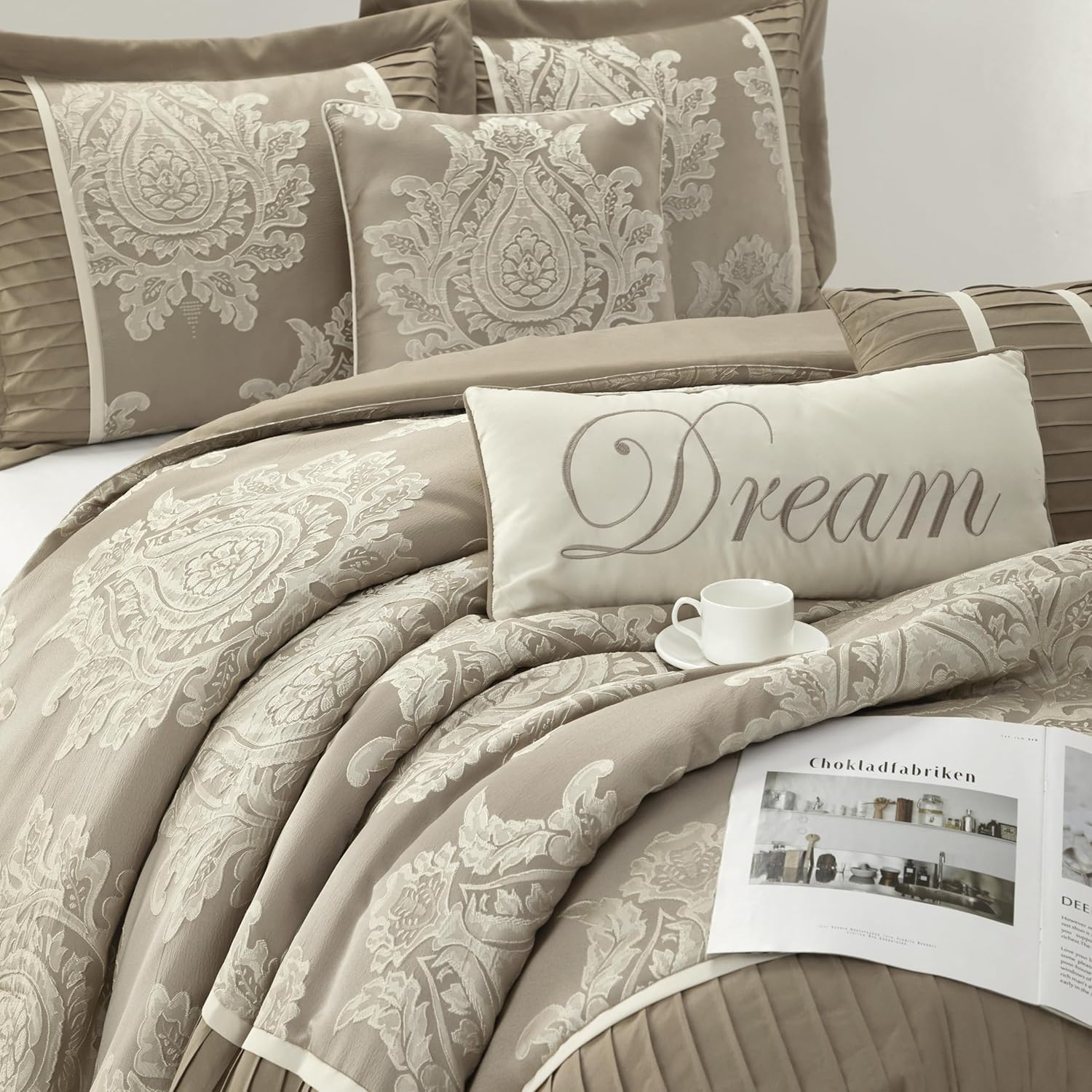 Grand Avenue Beige Comforter Set King Size, Jacquard with Matching Solid Piecework Bedding Set, All Season, Bedskirt, Pillows & Shams