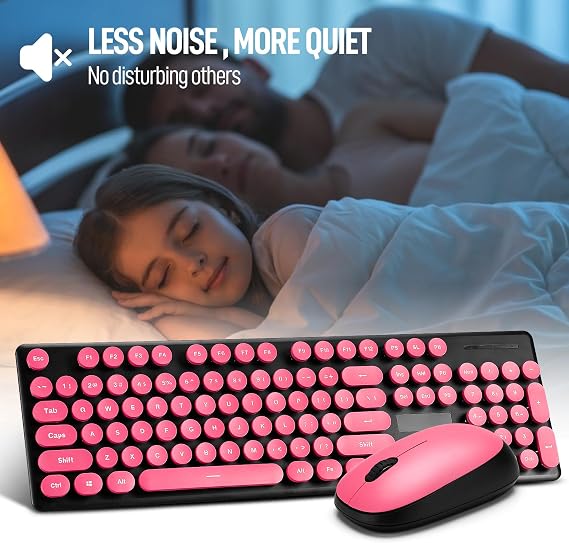 Wireless Keyboard and Mouse Combo, Full Size Compact Quiet Wireless Keyboard and Mouse Set 2.4G Ultra-Thin Sleek Design for Windows, Desktop, PC, Notebook, Laptop,Round Keys Rose Red with Punk