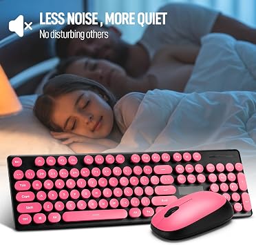Wireless Keyboard and Mouse Combo, Full Size Compact Quiet Wireless Keyboard and Mouse Set 2.4G Ultra-Thin Sleek Design for Windows, Desktop, PC, Notebook, Laptop,Round Keys Rose Red with Punk
