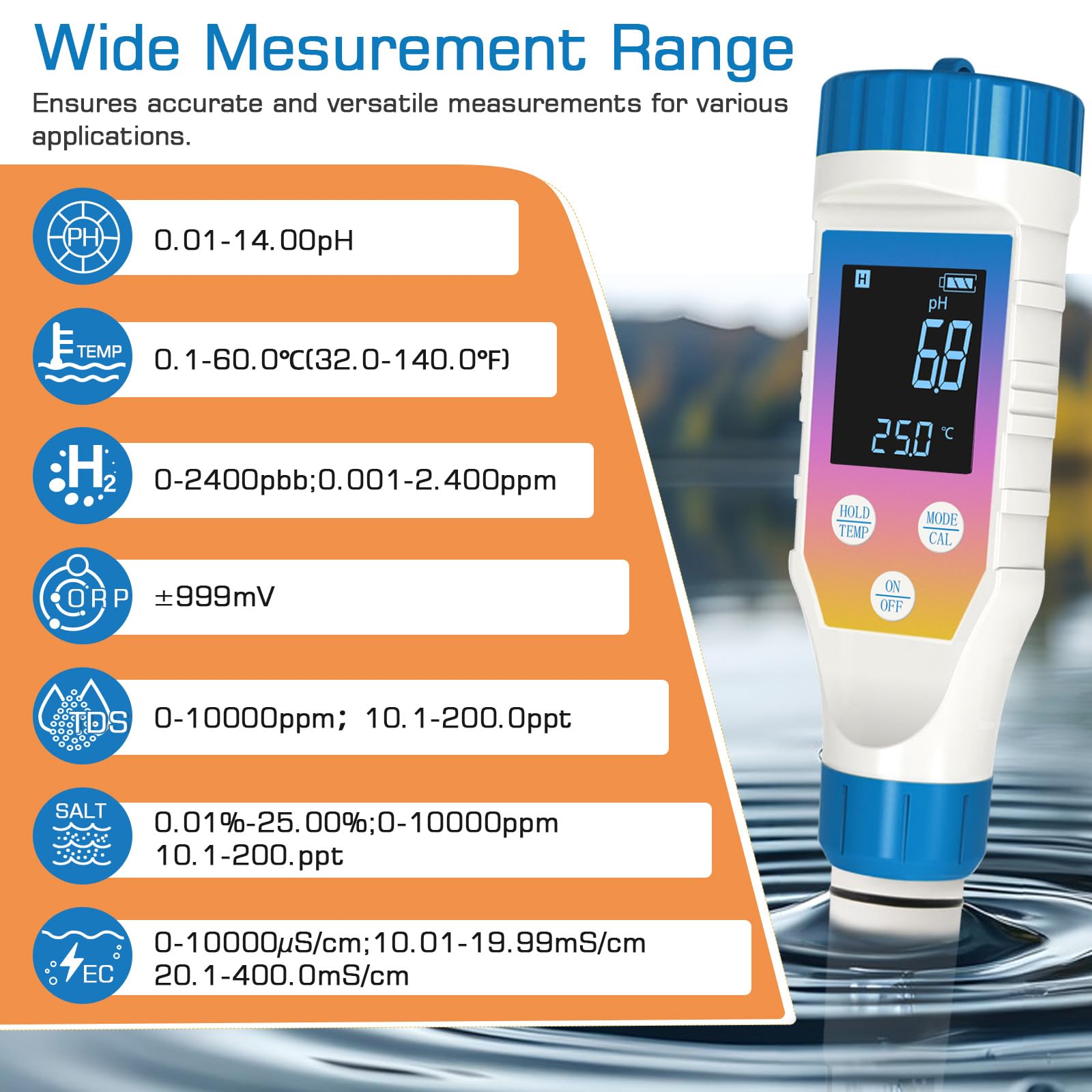 7 in 1 pHmetro per acqua, Kit pH/H2/TMEP/EC/TDS/ORP/SALINITÀ, Tester di Salinità per Acquari, Misuratore ORP per Acqua Ricca di Idrogeno, Misuratore TDS e EC per Idroponica
