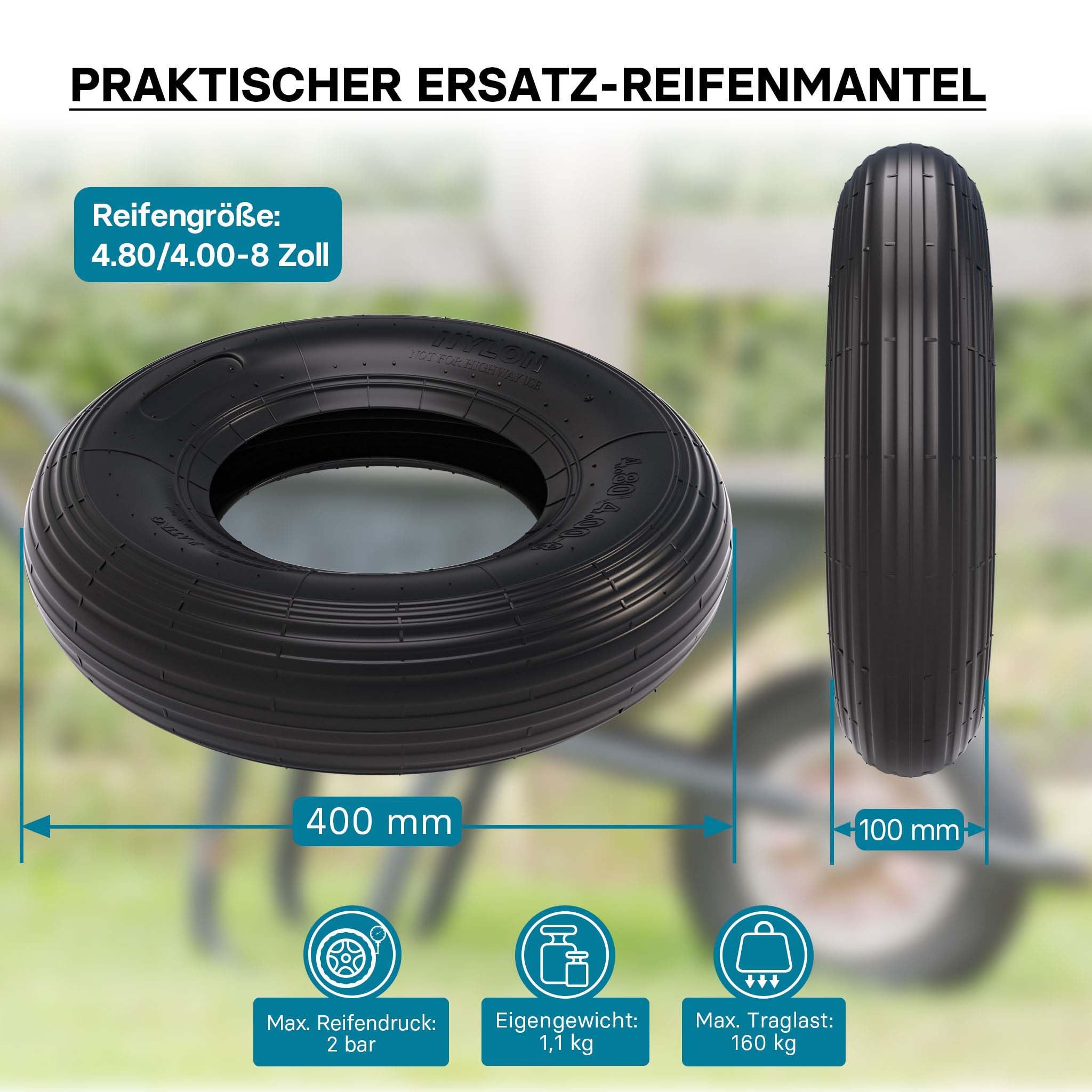 Wiltec Lot de 2x Pneus & 2x Chambres à air 4.00-8 pour Roues de brouette – avec Valve droite TR13 – capacité de charge max. 160 kg – Chariot Jardinage Jardin Gazon