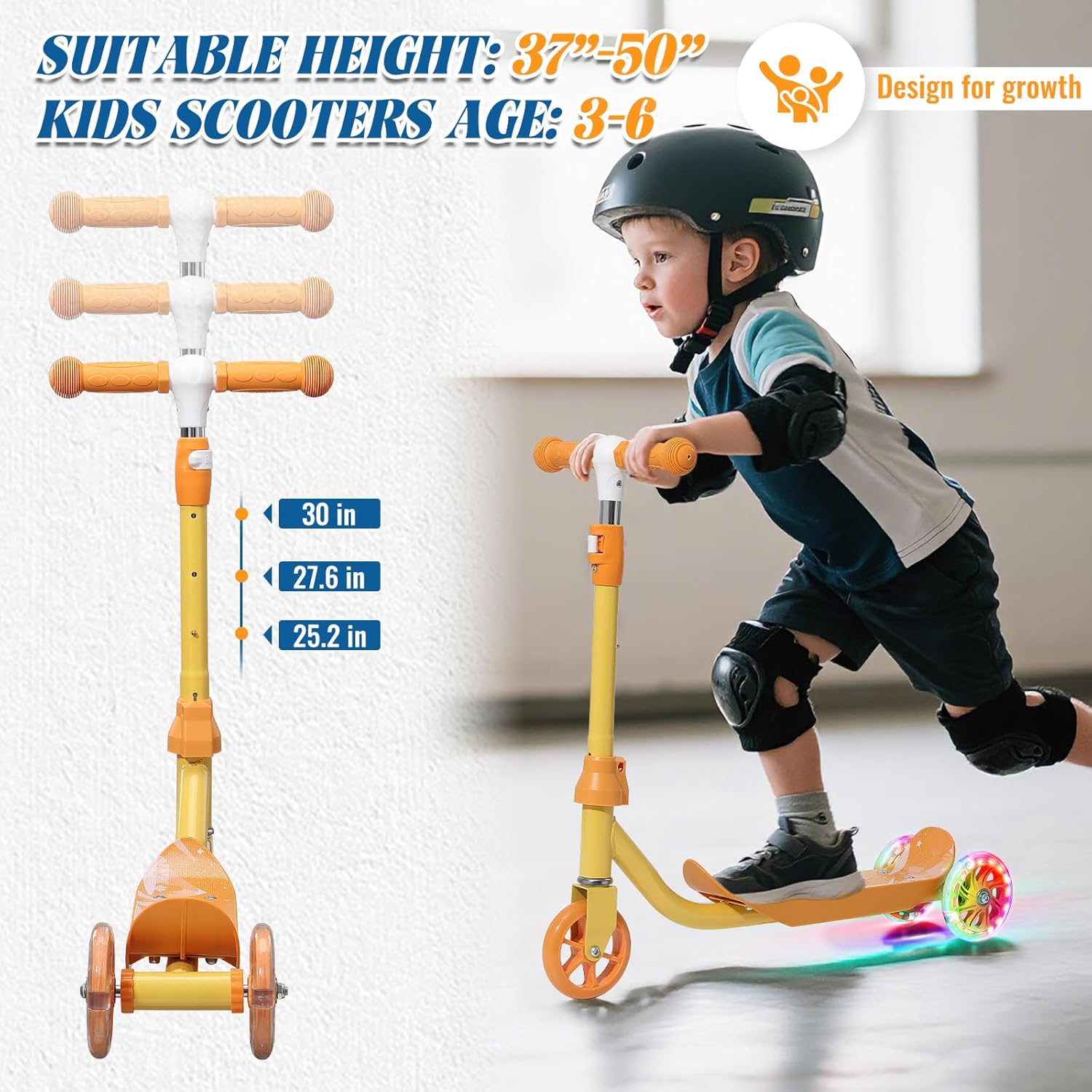 Kids Scooter with LED Light-Up Wheels, Adjustable Handlebar Scooter, Kids Toys Gift for Boys & Girls (Height 37-50") | Outdoor Play for Ages 3,4,5,6 | Extended Footrest