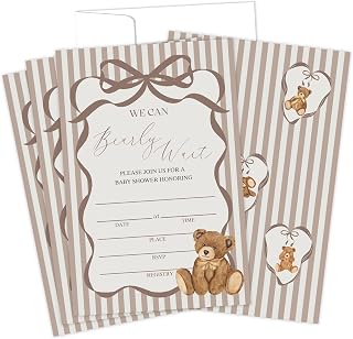 25 Baby Shower Invitation Card Set with Envelopes - Brown Bow & Bear Double-Sided Fill In Style Invites for Baby Gender Reveal, Announcement Party Decors Party Supplies 4 x 6 inch - A08