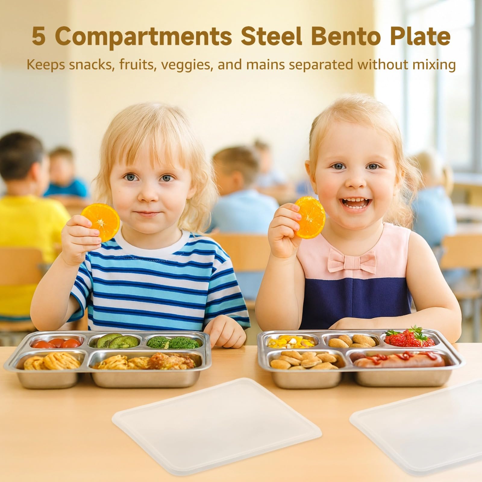 Générique Lot de 4 assiettes bento en acier inoxydable, boîte repas à 5 compartiments avec couvercle, récipient de conservation, plateaux divisés réutilisables pour déjeuner, travail, pique-nique