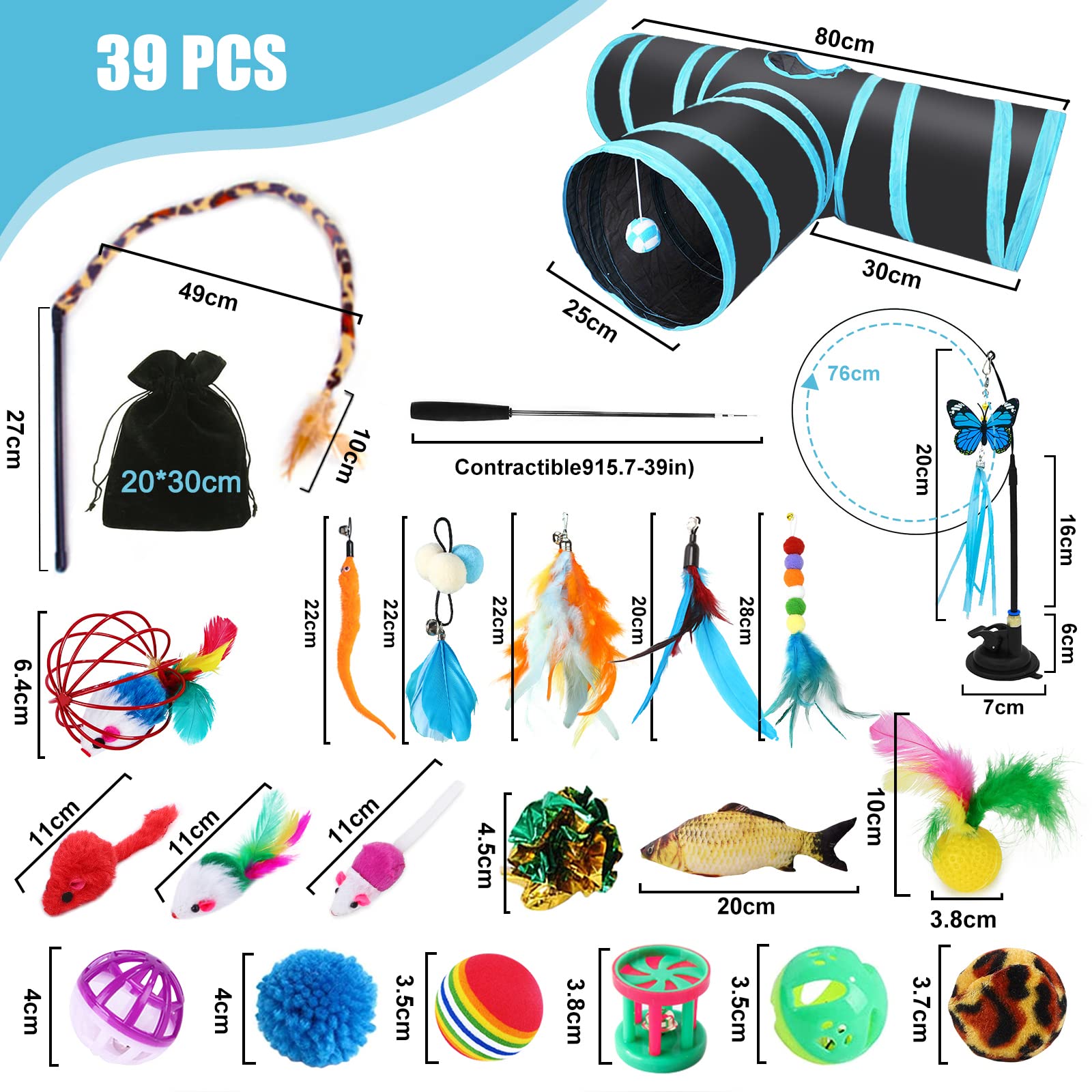 Juguetes Interactivos para Gatos - Set de 39 Piezas Con Túnel, Ratones, Varita de Plumas, Peces, Bolas y Campanas - Tubo de 3 Vías