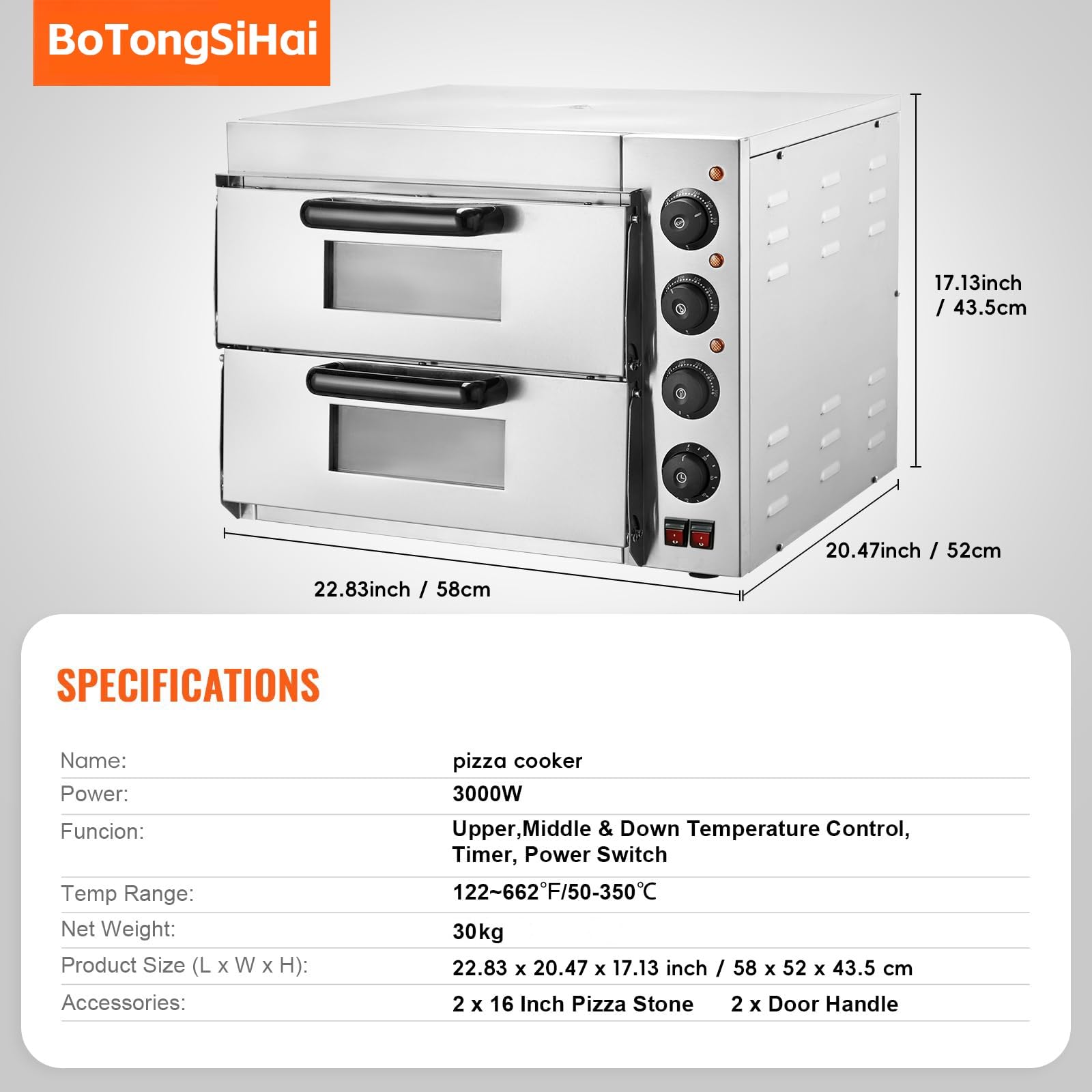 Forno professionale per pizza, elettrico in acciaio inox, piano singolo/doppio con pietra e manico, per interni ed esterni, multiuso, per ristoranti e uso domestico