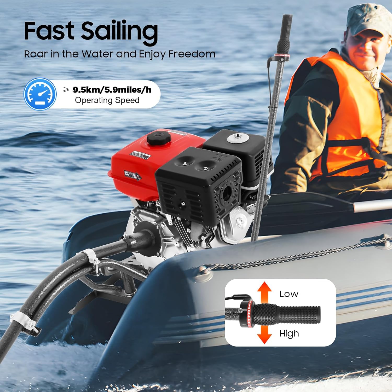 15HP Mud Motor Kit, 420CC 4 Stroke Gasoline Boat Engine Motor Outboard Fishing Engine with TCI Ignition System, 180-Degree Outboard Motor for Small Boats of 9.84-19.69Ft