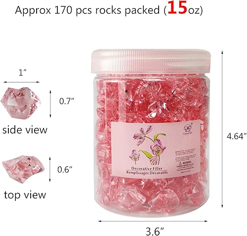 Miniatura 5 de HappyFiller - 15 onzas de rocas de hielo rosas falsas de 170 unidades, cubos de cristal de imitación acrílicos, gemas para jarrones de vidrio,