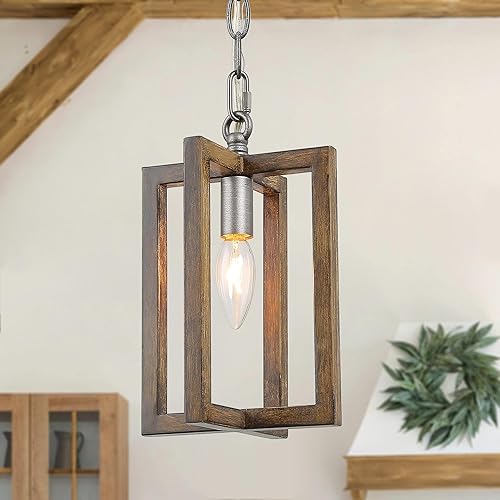 Iluminación colgante de granja, lámpara colgante de metal rústico vintage con acabado cepillado de madera y plata para isla de cocina, comedor, disponible en Yaxa Peru