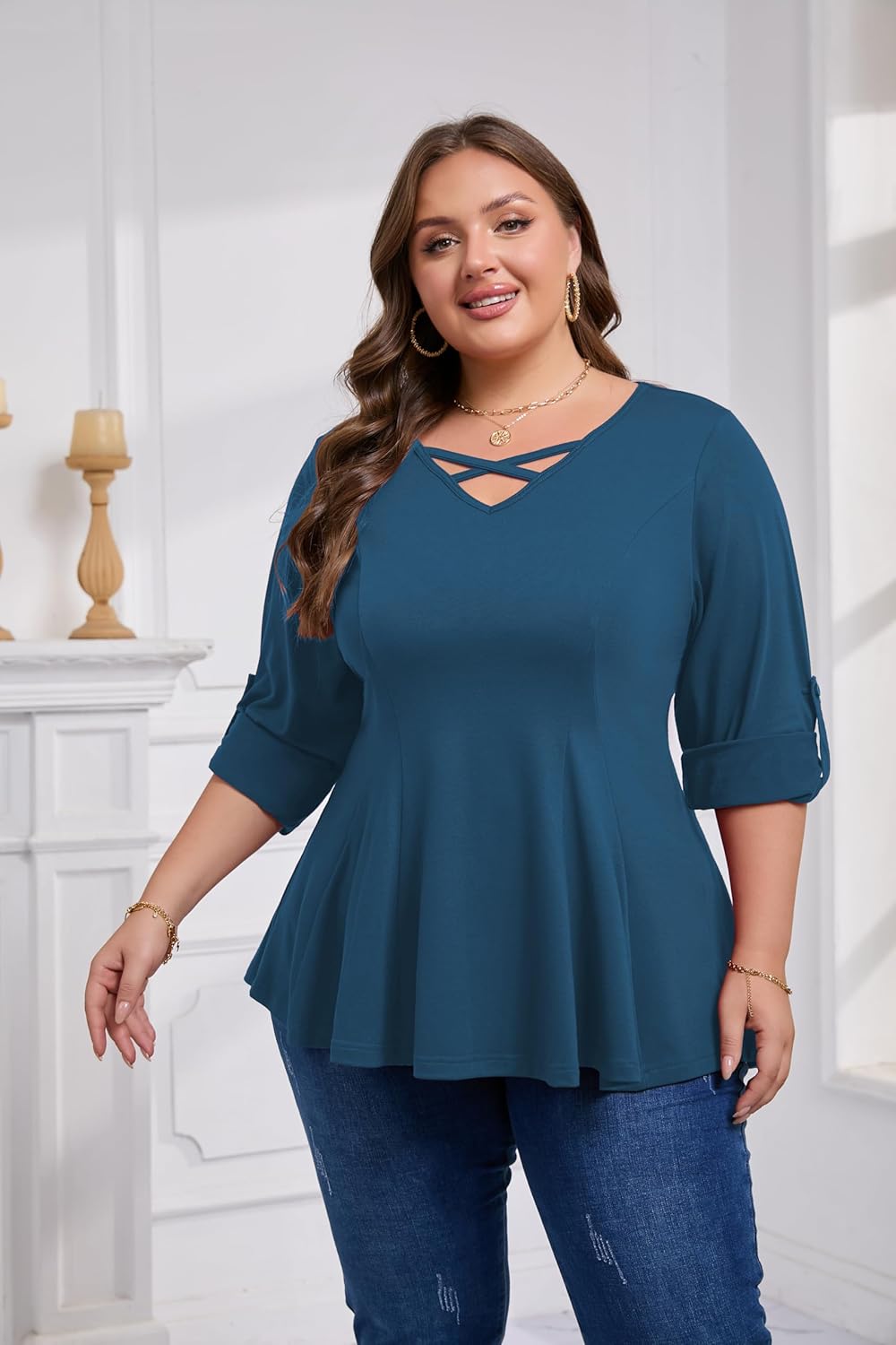 AMCLOS Womens Plus Size Tops 3/4 Roll up Sleeve Tunic V Neck Crossover T-Shirts Casual Flowy Pleated Blouses Summer 2025 - Image 4