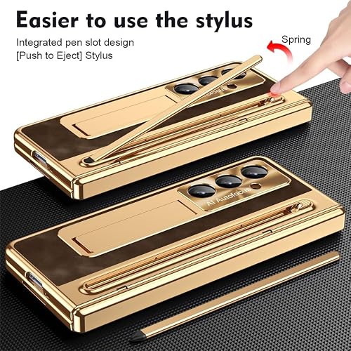 Generic etui kompatybilne z Samsung Galaxy Z Fold 7 (kolor: złoty) skórzana tylna klapka zawias stojak pokrowiec premium z przednią folią ochronną ekranu i rysikiem S Pen