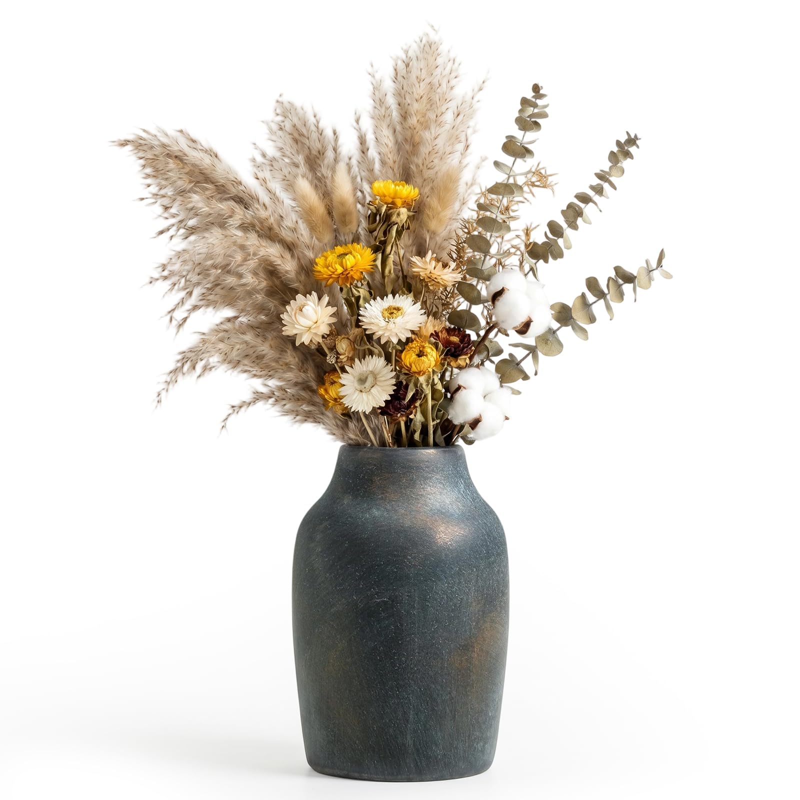 Black Ceramic Vase - Rustic Flower Vase Cream Farmhouse Vases Bohemian Terracotta Vases 7 Inch Round Ornaments for Bedroom/Living Room Decor for Table/Shelf