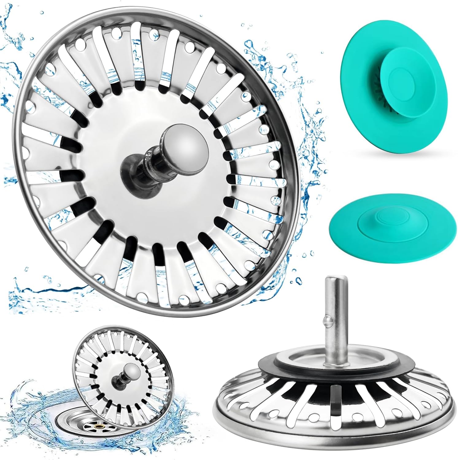 MUETERN Set of 2 Drain Plugs, 84 mm Strainer Basket, Stainless Steel