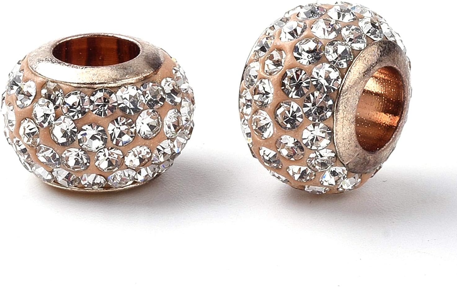 Craftdady 100Pcs Crystal Rhinestone European Spacer Beads Large Hole Polymer Clay Rondelle Slide Beads Light Gold with Single Core 11x8mm for Snake Chain Leather Bracelet Necklace Jewelry Making