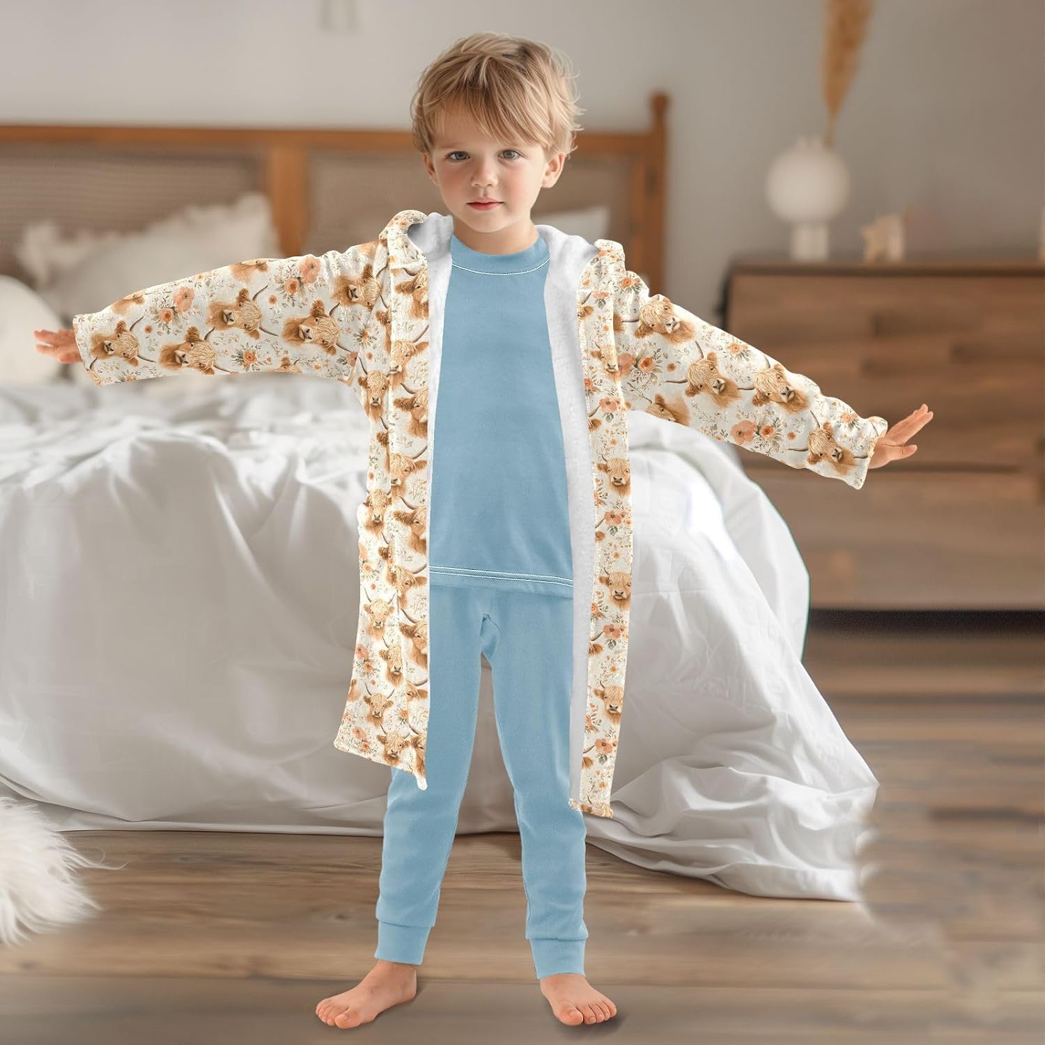 senya Cattle Flower Aa Toddler Hooded Bathrobe Kids Soft Plush Bath Towel Robes for Boys Girls 2-12 Years