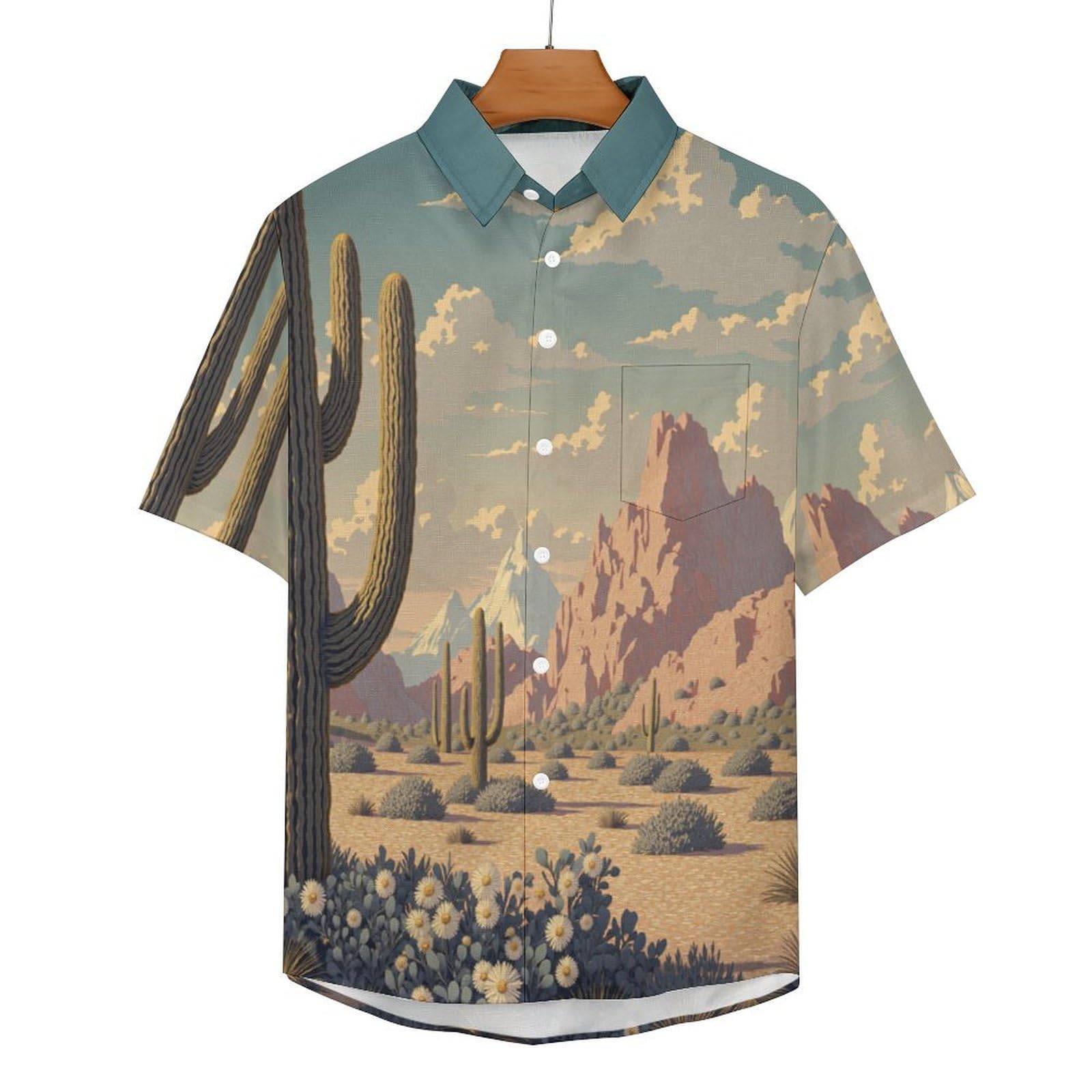 Camicia Casual da Uomo, Illustrazione retrò Stampa Maglietta Estiva a Maniche Corte Stile Cactus del Deserto Casual Button Down Hawaiani Camicie Risvolto Spiaggia Top