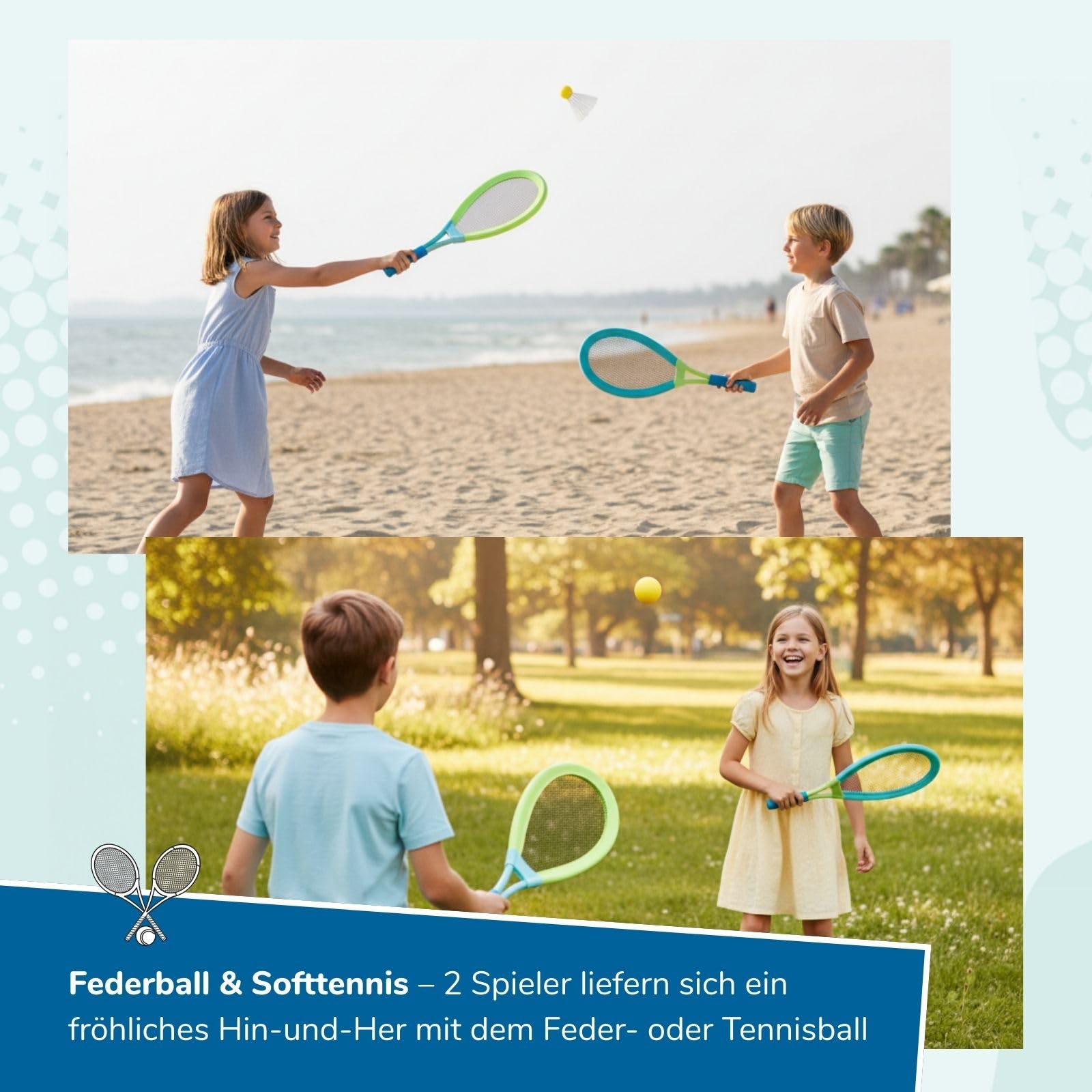 alldoro 68782 XXL Outdoor Spielset 3-in-1 - Beachball, Federball & Soft Tennis, 3 Rückschlagspiele für Garten & Strand, ab 5 Jahre