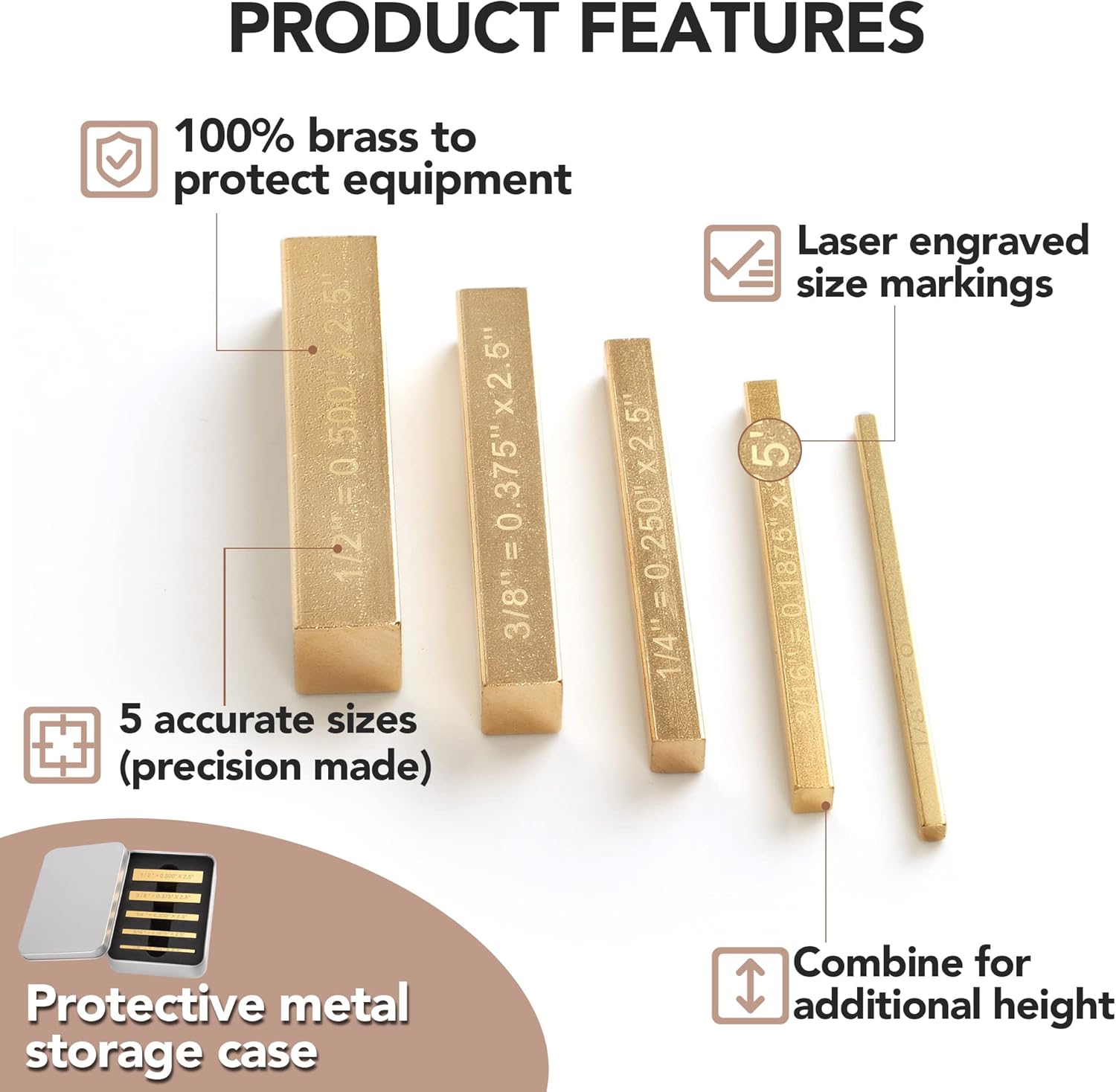 LOSTRONAUT Brass Setup Blocks Height Gauge Set - Set of 5 Table Saw Accessories for Woodworkers - Bars Include Laser Engraved Size Markings - Woodworking Tool - Brass Bar