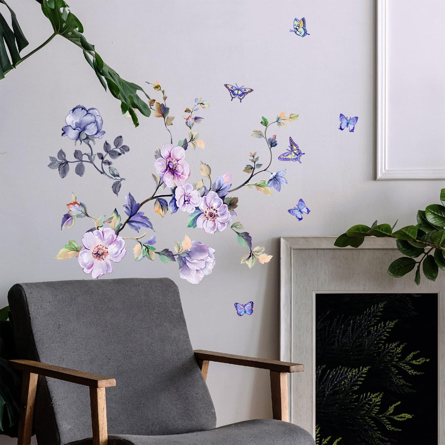 hanlongyu Purple Flower Wall Decals, Removable Fresh Flower Wall Stickers Peel and Stick Removable DIY Floral Butterflies Decals Tree Leaves Plant Wall Art Stickers Murals for Home Decor