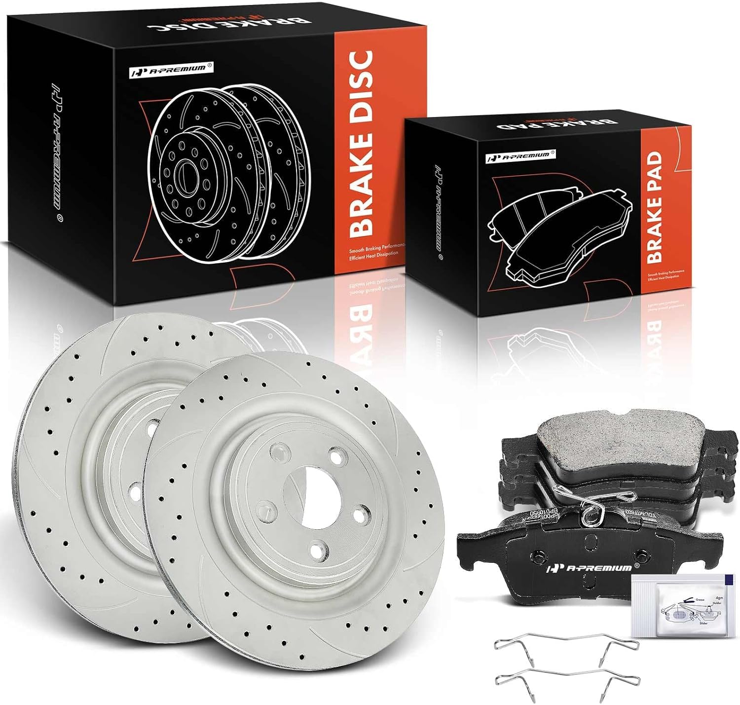 A-Premium 12.83 in (326 mm) Rear Vented Disc Brake Rotors + Ceramic Pads Kit Compatible with Select Jaguar Models - XF 2009-2016, XJ, XK, S-Type, Super V8, Vanden Plas, XJ8, XJR, XKR, 6-PC Set
