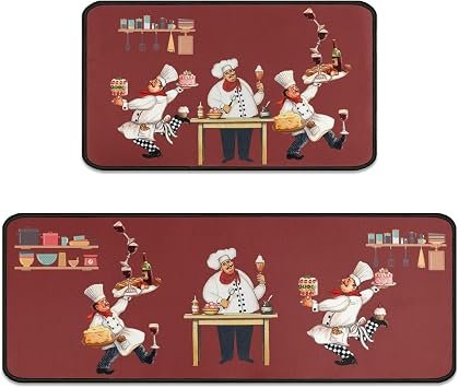 2Pcs Fat Chef Kitchen Rugs Set of 2 Floor Mats for Cooking Non Slip Waterproof Standing Kitchen Runner Mats 17x30+17x47