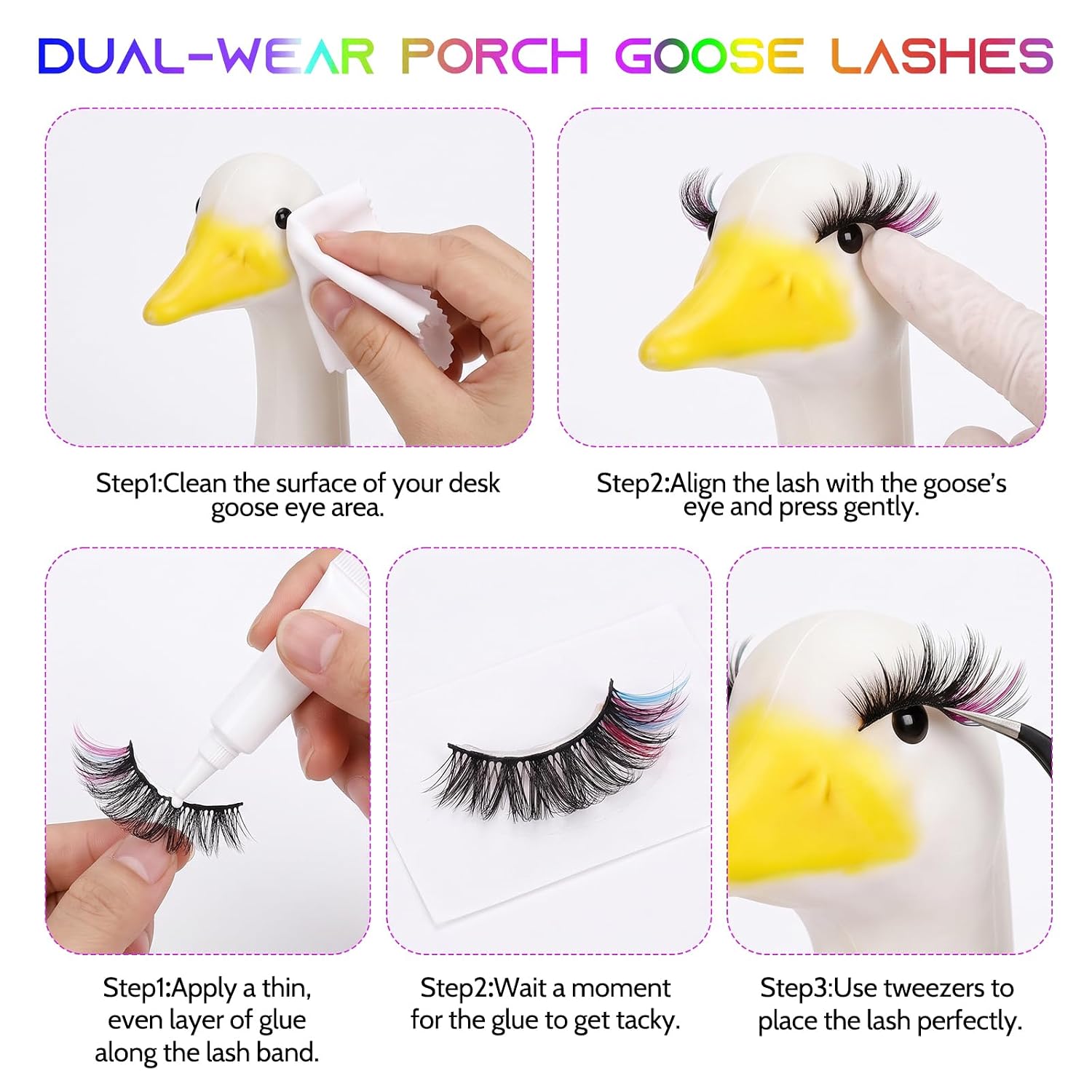 7 Pairs Colorful False Eyelashes with Glue for Porch Goose Statue Ornaments
