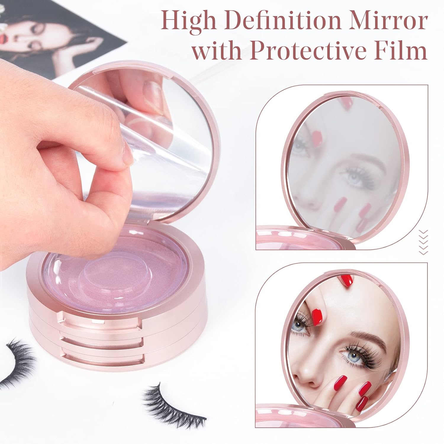 Buqikma 3 Layers Circle Eyelash Box with Mirror, Empty Eyelash Storage Case Organizers Travel Lash Case with Lash Holder for Cosmetic （Rose Gold） thumbnail