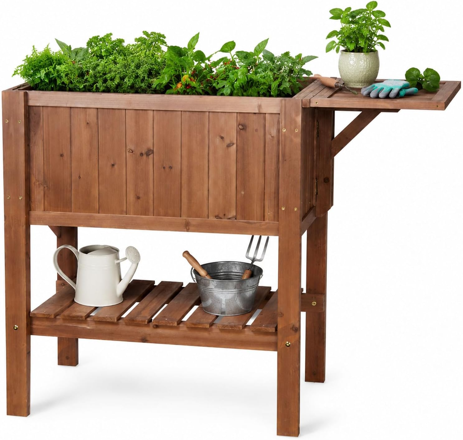 Wooden Raised Garden Bed with Foldable Side Table, Elevated Planter Box with Storage Shelf for Backyard Patio Outdoor Gardening