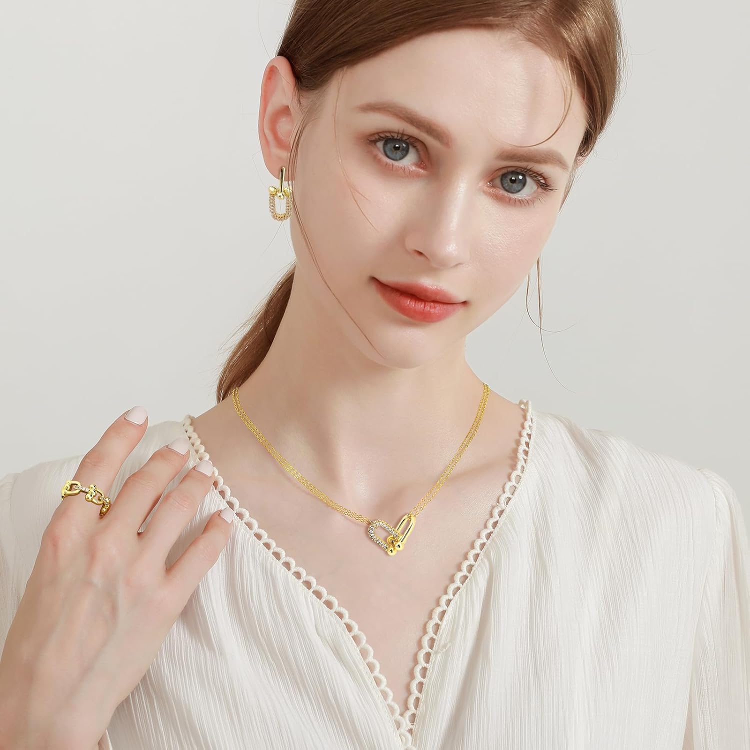 Jewelry Set for Women's, 3 PCS Jewelry Sets - Necklace, Earrings, Ring, Fashion U-Shaped Buckle Design,Gift fou Daughter Mom Wife Friends on Birthday Anniversary - Image 4