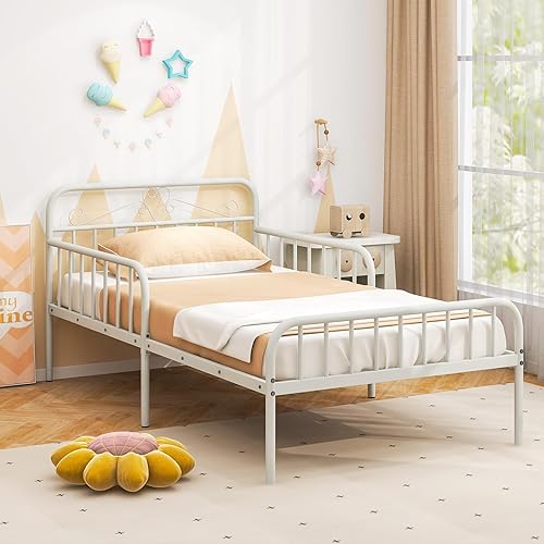 Miniatura 9 de Giantex Marco de cama de metal individual para niños, marco de cama de plataforma de metal resistente con cabecera y barandillas de seguridad, cama