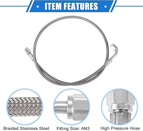 Vista 88 de AN3 - Línea de alimentación de aceite turbo de acero trenzado de 90 grados a extremo de manguera recto, turbocompresor remoto de 24 pulgadas, línea