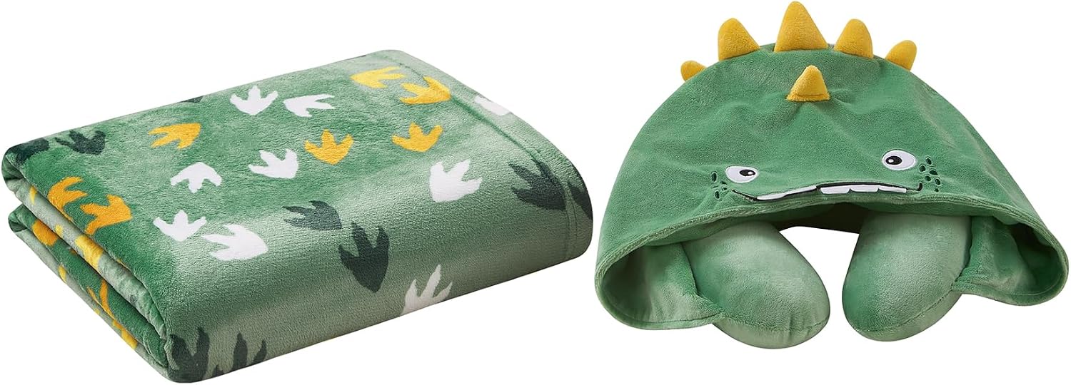 B Kids 3D Animal Hooded Neck Pillow & Throw Set, Green