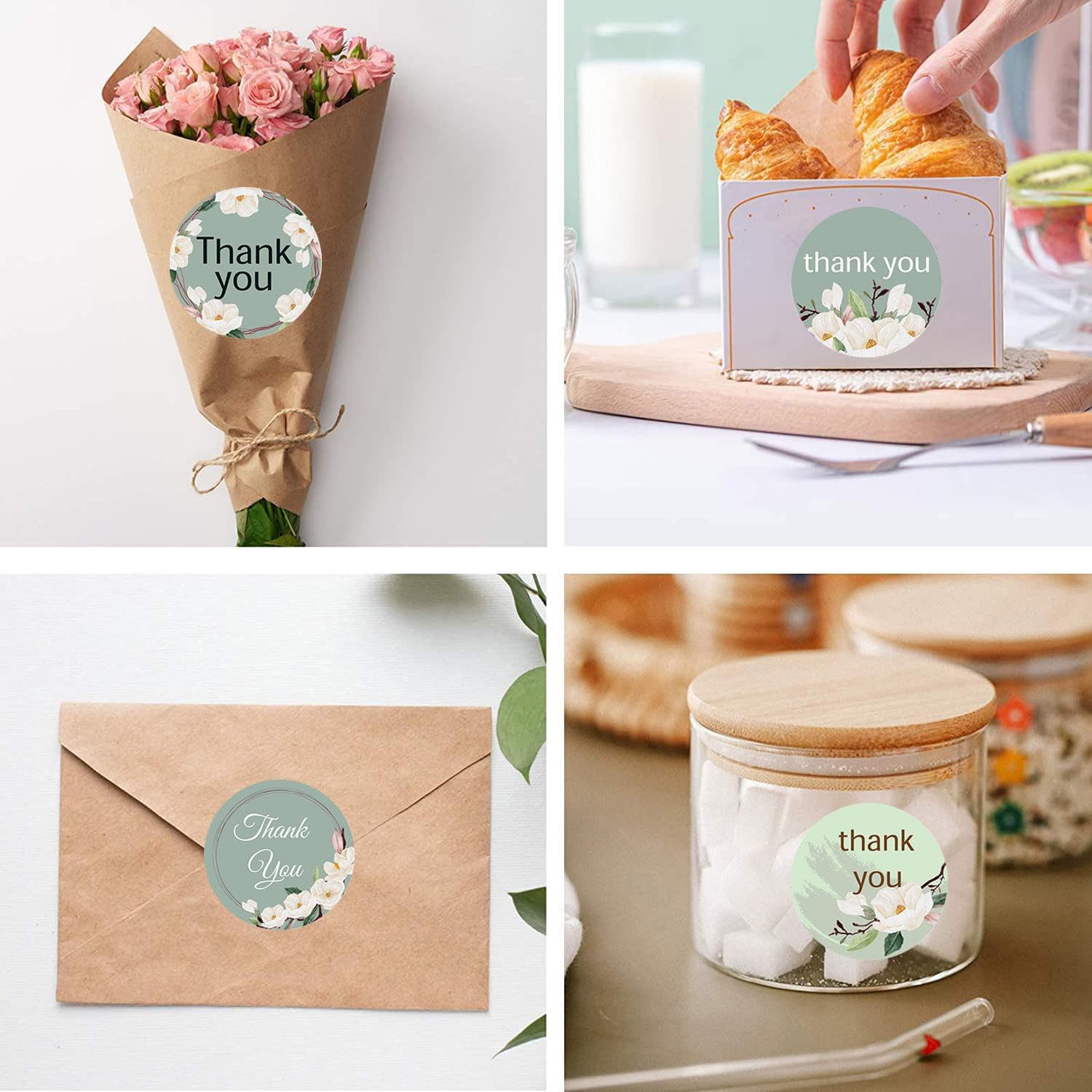 500 Pcs Thank You Stickers 8 Designs Green Floral 1 Inch Thank You Sticker for Baking Packaging Envelope Seals Thank You Stickers for Small Business Thank You Label Stickers Self-Adhesive Labels - Image 3
